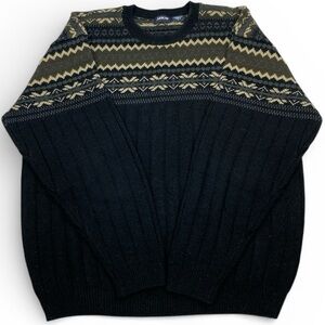 Vintage Arrow Men’s Black Fair Isle Knit Sweater Crewneck Long Sleeve Size Large